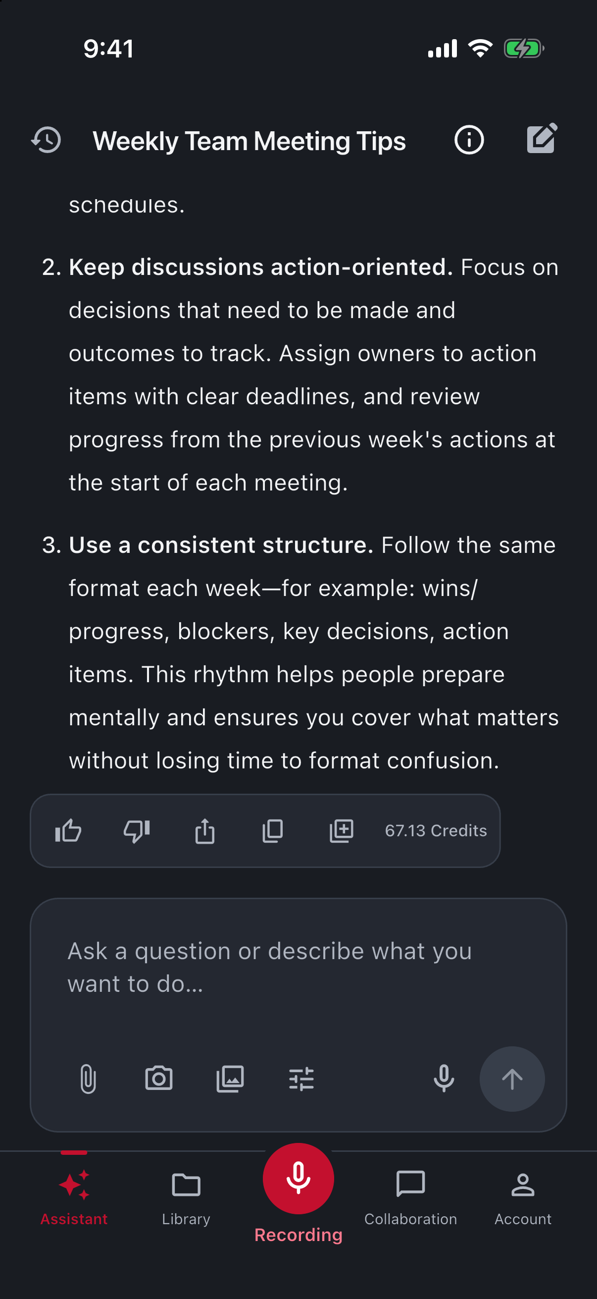 App implementation fixture showing an assistant task summary and next step. Test data demonstrates response reading and actions.