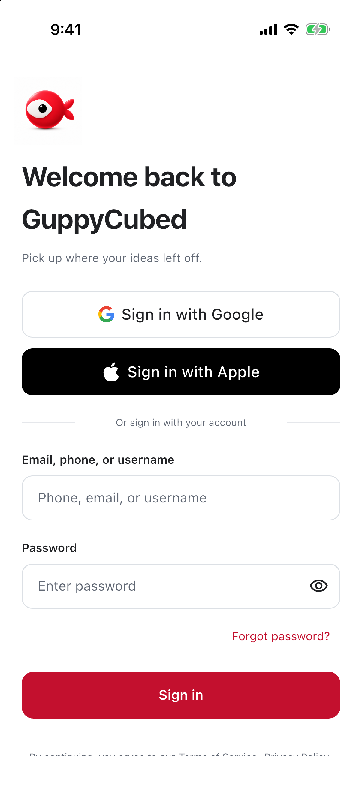 App sign-in: use the established account method or the password recovery entry.