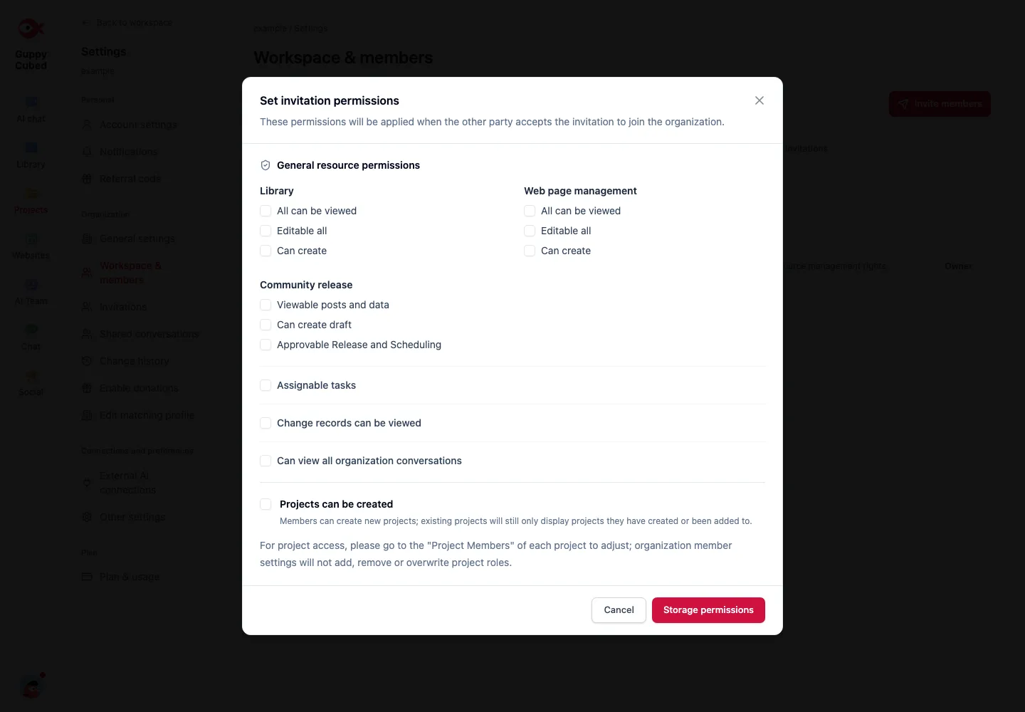 Invitation permissions separate knowledge, websites, tasks, and project creation. Project membership controls project access.