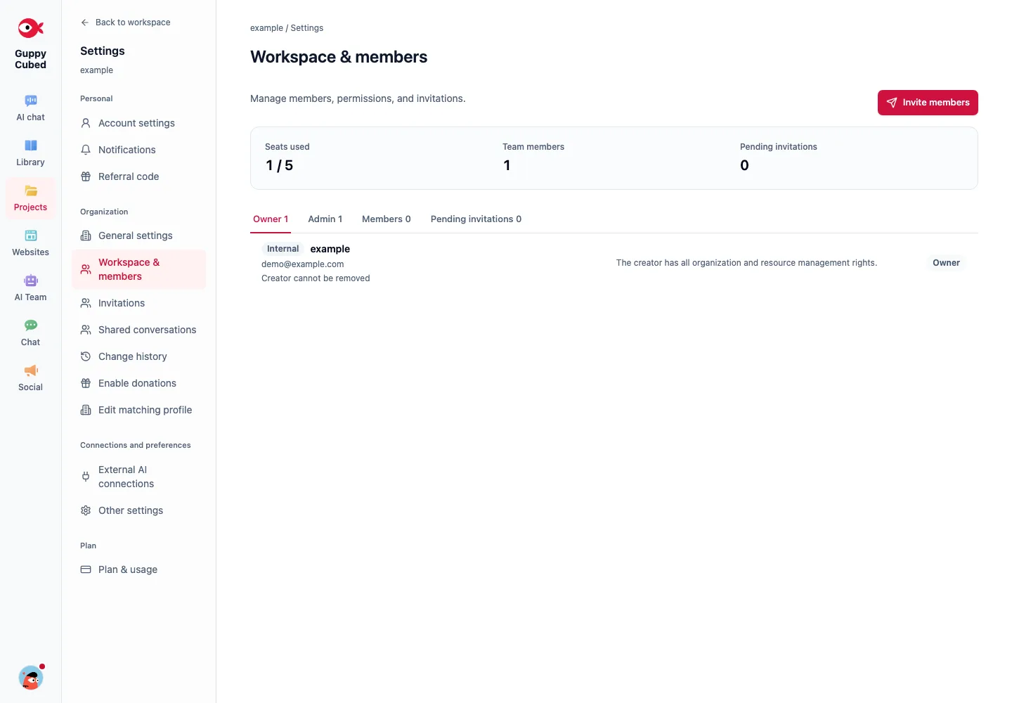 Organization members and pending invitations. Contact identifiers are masked.
