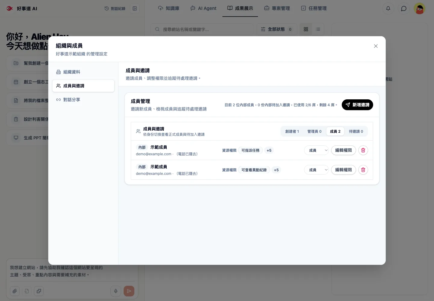 Organization members and pending invitations. Contact identifiers are masked.